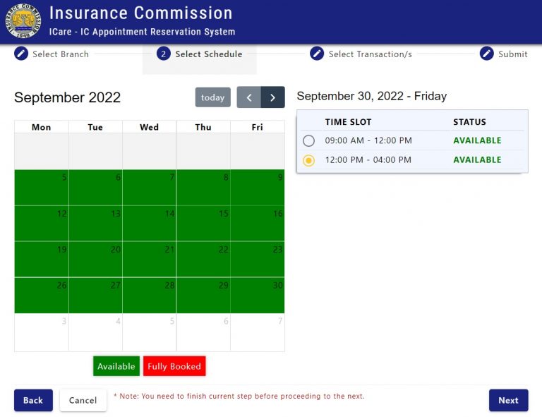 Insurance Commission Appointment Reservation (ICare) System DAP